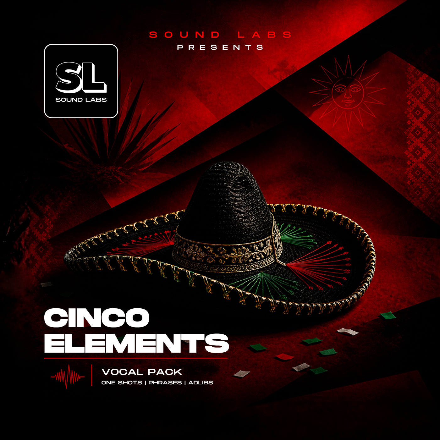 Cinco Elements DJ vocal pack cover with sombrero and red black background, Latin-inspired audio sample pack for DJs including vocal drops, phrases, and adlibs.