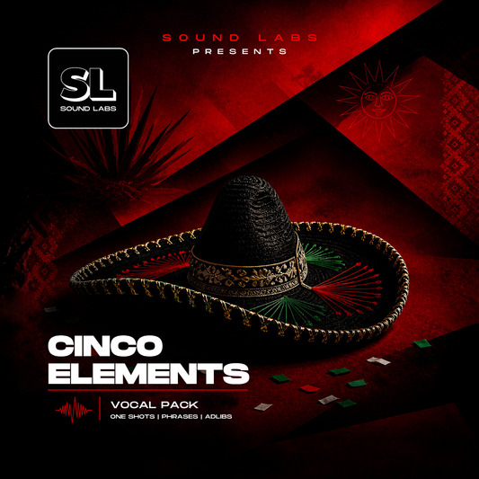 Cinco Elements DJ vocal pack cover with sombrero and red black background, Latin-inspired audio sample pack for DJs including vocal drops, phrases, and adlibs.